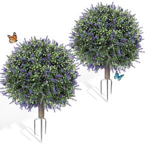 2 Pack Artificial Boxwood Topiary Ball Trees, 21.6'' Fake Plants for Outdoor Indoor Artificial Shrubs with Ground Spike, UV Resistant Fake Bushes for Front Porch Patio Garden (White Lavender Flowers) in Saudi Arabia