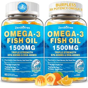 Omega 3 Fish Oil Gummies 1500mg, Triple Strength Omega 3 for Adults with EPA & DHA, CoQ10, Red Yeast Rice | Essential Fatty Acids | Wild Caught & Burpless | for Hḙar-t & Brain | Sugar Free, 120 Count in Saudi Arabia