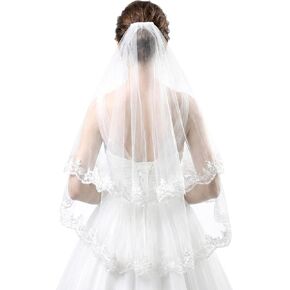 White Lace Wedding Bridal Veil with Comb, 2 Tier Floral Edge Bridal Tulle Veil, Lace Embroidery Appliques Bridal Veils for Bachelorette Party Bridal Shower Flower Girl in Kuwait