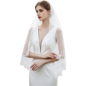 White Wedding Veil with Comb, Tier Floral Edge Lace Bridal Tulle Veil for Women Church Wedding, Bride Wedding Accessories in Saudi Arabia