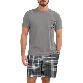 Pajamas Set for Men Plaid Short Sleeve and Pajama Shorts Sets Cotton 2 Piece Pj Set Lounge Set Summer Loungewear in Saudi Arabia