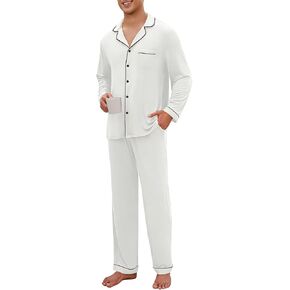HALCYEEN Mens Modal Long Sleeve Pajama Set Soft Button Down Sleepwear Loungewear PJs with Side Pockets S-2XL in Saudi Arabia
