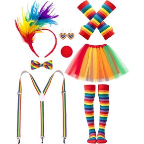 Rainbow Clown Costume Set for Women，Circus Outfit with Tutu Skirt, Socks, Gloves Accessories for Halloween Carnival Cosplay in Saudi Arabia