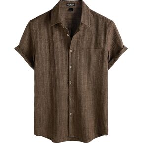 LucMatton Men's Vintage Bohemian Short Sleeve Button Down Shirt Casual Regular Fit Striped Textured Summer Beach Tops in Kuwait