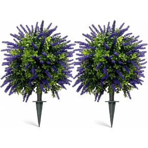 Artificial Lavender Topiary Set of 2, Faux Bushes for Entryway | UV Resistant, Faux Evergreen Bushes, Ground Spike Included, Weatherproof, for Porch, Patio, Entryway in Saudi Arabia