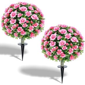 24''Artificial Flowers for Outdoors,2 Pack Topiary Ball Trees Fake Outdoor Plants with Ground Spike,UV Resistant Faux Shrubs for Garden,Porch,Front,Patio,Pink Crabapple Blossoms in Saudi Arabia