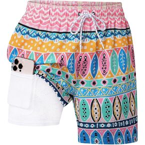 Mens Swim Trunks with Compression Liner 7 Inch, 2 in 1 Quick Dry Bathing Suit Short with Pockets in Saudi Arabia