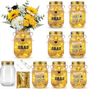 Blushtier 8 Sets Green and Black Graduation Decoration Centerpieces for Table 2026 Congrats Grad Mason Jar Centerpieces with Lights Burlap Cover Metallic Raffia for Congrats Grad Party Supplies in Kuwait