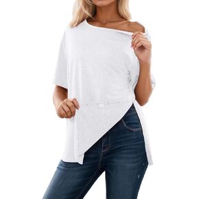 Off The Shoulder Shirts for Women Summer 3/4 Sleeve Tear Snap Front Tops Cuff Chemo Port Shirts Adaptive Clothing in Saudi Arabia