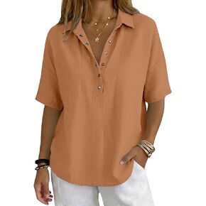 Cotton Linen Tops for Women Loose Fit Summer Shirts Button Down V Neck Half Sleeve Blouses Dressy Casual Clothes in Saudi Arabia