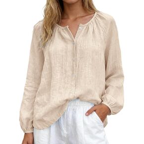 Linen Long Sleeve Shirt Women Pullover Button Down Blouse Crew Neck Shirt Casual Lightweight Summer Beach Top in Saudi Arabia