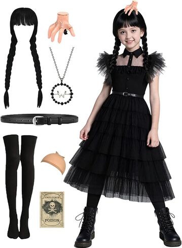 Girls Halloween Costumes Princess Kids Long Black Dress with Wig Accessories Cute Dress Up Birthday Outfits in Saudi Arabia