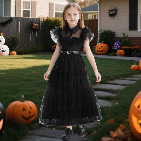 Girls Halloween Costumes Princess Kids Long Black Dress with Wig Accessories Cute Dress Up Birthday Outfits in Saudi Arabia