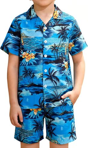 DAXIANG Boys 2 Piece Hawaiian Outfit Summer Button Down Shirt and Pocket Short Sets Beach Vacation Clothes for Kid Size 3-10 in Saudi Arabia