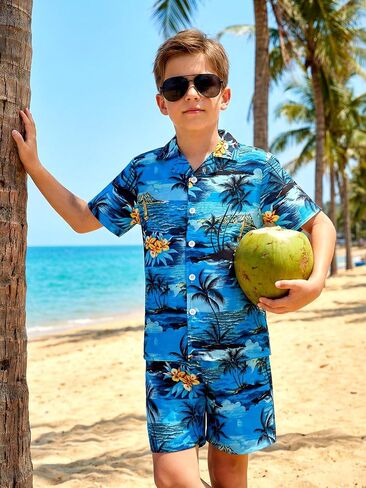 DAXIANG Boys 2 Piece Hawaiian Outfit Summer Button Down Shirt and Pocket Short Sets Beach Vacation Clothes for Kid Size 3-10 in Saudi Arabia