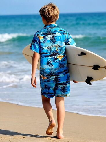 DAXIANG Boys 2 Piece Hawaiian Outfit Summer Button Down Shirt and Pocket Short Sets Beach Vacation Clothes for Kid Size 3-10 in Saudi Arabia