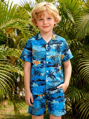 DAXIANG Boys 2 Piece Hawaiian Outfit Summer Button Down Shirt and Pocket Short Sets Beach Vacation Clothes for Kid Size 3-10 in Saudi Arabia