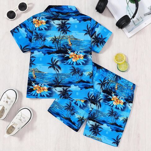 DAXIANG Boys 2 Piece Hawaiian Outfit Summer Button Down Shirt and Pocket Short Sets Beach Vacation Clothes for Kid Size 3-10 in Saudi Arabia
