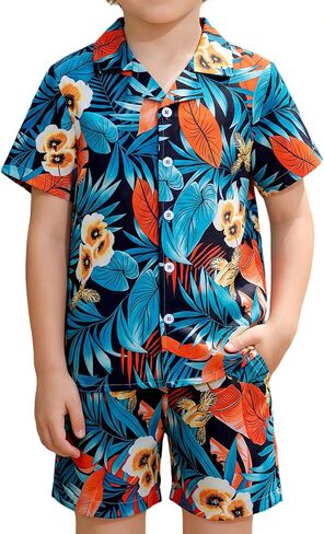 DAXIANG Boys 2 Piece Hawaiian Outfit Summer Button Down Shirt and Pocket Short Sets Beach Vacation Clothes for Kid Size 3-10 in Saudi Arabia