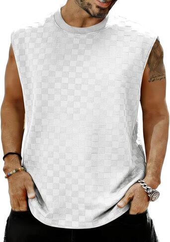 Men's Checkerboard Textured Sleeveless Tank Top Loose Fit Crew Neck Casual Summer Shirt in Saudi Arabia