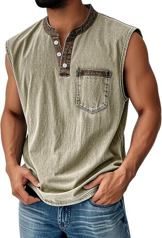 Men Tank Top Summer Sleeveless Button Henley Shirts Cotton Casual Sports Fitness Vintage Beach Tee Tops with Pocket in Saudi Arabia