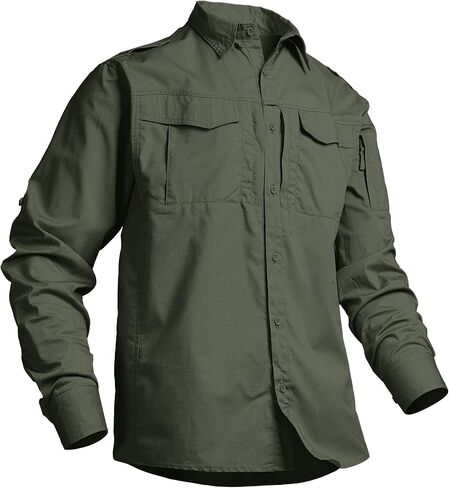 Mens Fishing Shirts Long Sleeve Button Up Ripstop Work Shirts with Zipper Pockets for Outdoor Safari Hiking Hunting Army Green in Saudi Arabia