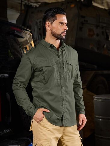 Mens Fishing Shirts Long Sleeve Button Up Ripstop Work Shirts with Zipper Pockets for Outdoor Safari Hiking Hunting Army Green in Saudi Arabia
