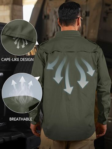 Mens Fishing Shirts Long Sleeve Button Up Ripstop Work Shirts with Zipper Pockets for Outdoor Safari Hiking Hunting Army Green in Saudi Arabia