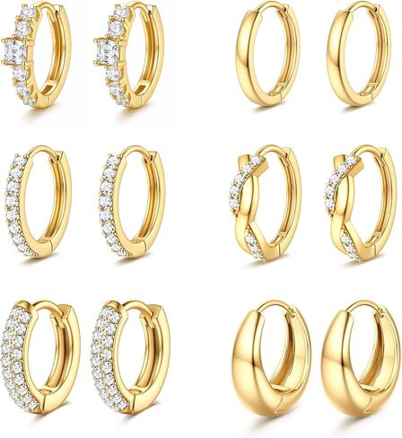 Tungary Small 14K Gold Plated Huggie Hoop Earrings for Women Hypoallergenic Lightweight Chunky Earrings for Sensitive Ears Non Tarnish Thick Hoops Earring Stacks for Multiple Piercing Jewelry 6Pairs in Saudi Arabia