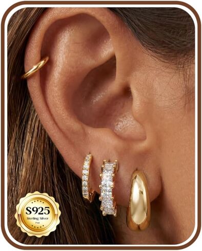 Tungary 14K Gold Plated Chunky Hoop Earrings for Women Hypoallergenic - 4 Pairs Non Tarnish Small Hoop Earrings Set for Sensitive Ears Dainty Huggie Earring Stacks, Lightweight Comfortable Jewelry in Saudi Arabia
