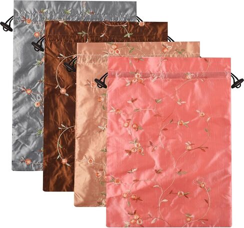 Embroidery Silk Flower Shoe Bag 4Pcs Drawstring Silk Jacquard Travel Bag Underwear Bags Washable Storage Bags Lingerie & Shoes for Men Women in Kuwait