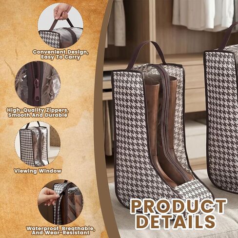 4 Pcs Boot Bags for Cowboy Boots Boot Storage Organizer Tall Boots, Houndstooth Shoe Storage Bags with Handles, Dust Proof Travel Shoes Organizer for Packing, Daily Use, Home Closet Organization in Saudi Arabia