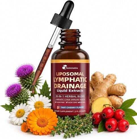 Liposomal Lymphatic Drainage Drops with 30 Herbs, 2 Fl Oz | Supports fluid balance, bloating & puffy face, ideal for long sitting late-night watch parties, sugar free tart cherry flavor in Saudi Arabia