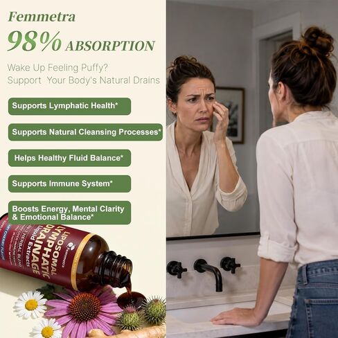 Liposomal Lymphatic Drainage Drops with 30 Herbs, 2 Fl Oz | Supports fluid balance, bloating & puffy face, ideal for long sitting late-night watch parties, sugar free tart cherry flavor in Saudi Arabia