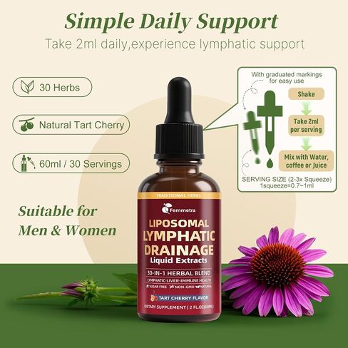 Liposomal Lymphatic Drainage Drops with 30 Herbs, 2 Fl Oz | Supports fluid balance, bloating & puffy face, ideal for long sitting late-night watch parties, sugar free tart cherry flavor in Saudi Arabia