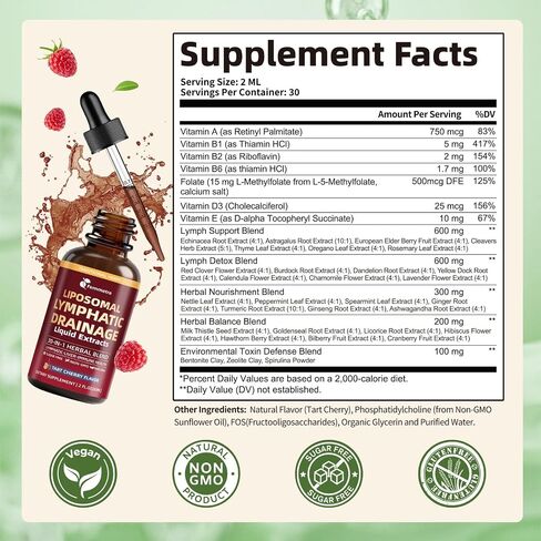 Liposomal Lymphatic Drainage Drops with 30 Herbs, 2 Fl Oz | Supports fluid balance, bloating & puffy face, ideal for long sitting late-night watch parties, sugar free tart cherry flavor in Saudi Arabia