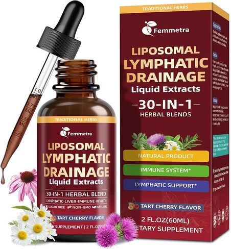 Liposomal Lymphatic Drainage Drops with 30 Herbs, 2 Fl Oz | Supports fluid balance, bloating & puffy face, ideal for long sitting late-night watch parties, sugar free tart cherry flavor in Saudi Arabia