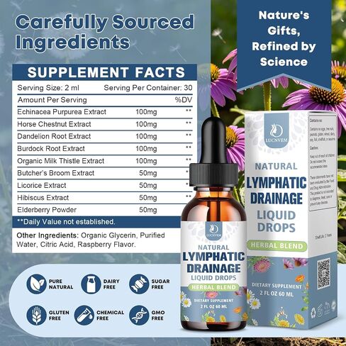 LUCNVEM Liposomal Lymphatic Drainage Drops – 9 in 1 Organic Lymphatic Drainage Drops with Echinacea, Burdock Root, Dandelion, Milk Thistle for Lymphatic Health & Immune Support, Sugar Free, 2 Fl Oz in Saudi Arabia