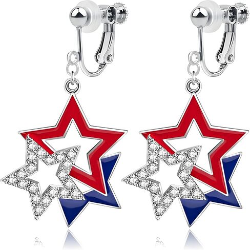 Dreuyet 4th of July Clip On Earrings for Women Patriotic American Flag Red White Blue Dangle Earrings Independence Day Memorial Day Jewelry Gifts for No Pierced Ears in Kuwait