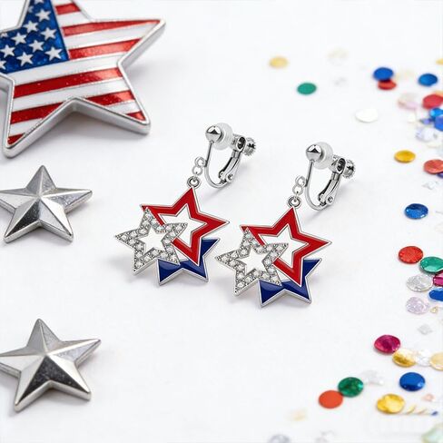 Dreuyet 4th of July Clip On Earrings for Women Patriotic American Flag Red White Blue Dangle Earrings Independence Day Memorial Day Jewelry Gifts for No Pierced Ears in Kuwait