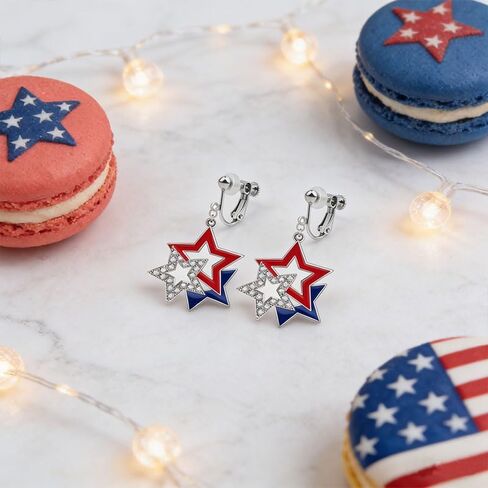 Dreuyet 4th of July Clip On Earrings for Women Patriotic American Flag Red White Blue Dangle Earrings Independence Day Memorial Day Jewelry Gifts for No Pierced Ears in Kuwait