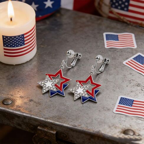 Dreuyet 4th of July Clip On Earrings for Women Patriotic American Flag Red White Blue Dangle Earrings Independence Day Memorial Day Jewelry Gifts for No Pierced Ears in Kuwait