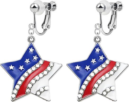 Dreuyet 4th of July Clip On Earrings for Women Patriotic American Flag Red White Blue Dangle Earrings Independence Day Memorial Day Jewelry Gifts for No Pierced Ears in Kuwait