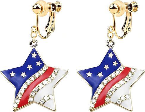Dreuyet 4th of July Clip On Earrings for Women Patriotic American Flag Red White Blue Dangle Earrings Independence Day Memorial Day Jewelry Gifts for No Pierced Ears in Kuwait