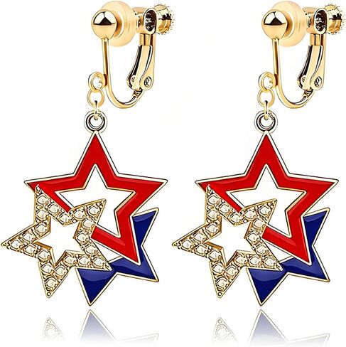 Dreuyet 4th of July Clip On Earrings for Women Patriotic American Flag Red White Blue Dangle Earrings Independence Day Memorial Day Jewelry Gifts for No Pierced Ears in Kuwait