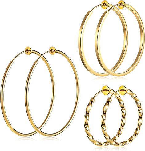 3Pairs Clip on Hoop Earrings for Women, Large Clip on Gold Earrings, Stainless Steel Non Pierced Earring Fake Hoop Earring in Kuwait