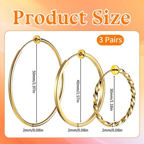 3Pairs Clip on Hoop Earrings for Women, Large Clip on Gold Earrings, Stainless Steel Non Pierced Earring Fake Hoop Earring in Kuwait