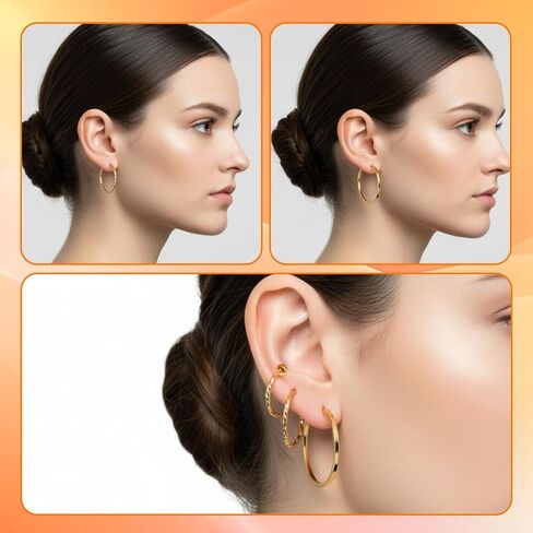 3Pairs Clip on Hoop Earrings for Women, Large Clip on Gold Earrings, Stainless Steel Non Pierced Earring Fake Hoop Earring in Kuwait