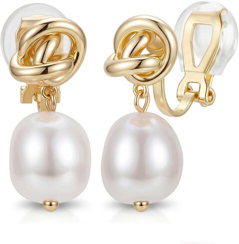 CASSIECA Clip on Earrings Women Pearl Earrings Hypoallergenic 14K Gold Plated Non Pierced Earring Comfortable Fake Drop Dangle Cubic Zirconia Lightweight Pearl Accessories Jewelry Gift Knot in Kuwait