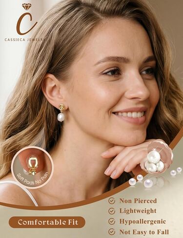 CASSIECA Clip on Earrings Women Pearl Earrings Hypoallergenic 14K Gold Plated Non Pierced Earring Comfortable Fake Drop Dangle Cubic Zirconia Lightweight Pearl Accessories Jewelry Gift Knot in Kuwait